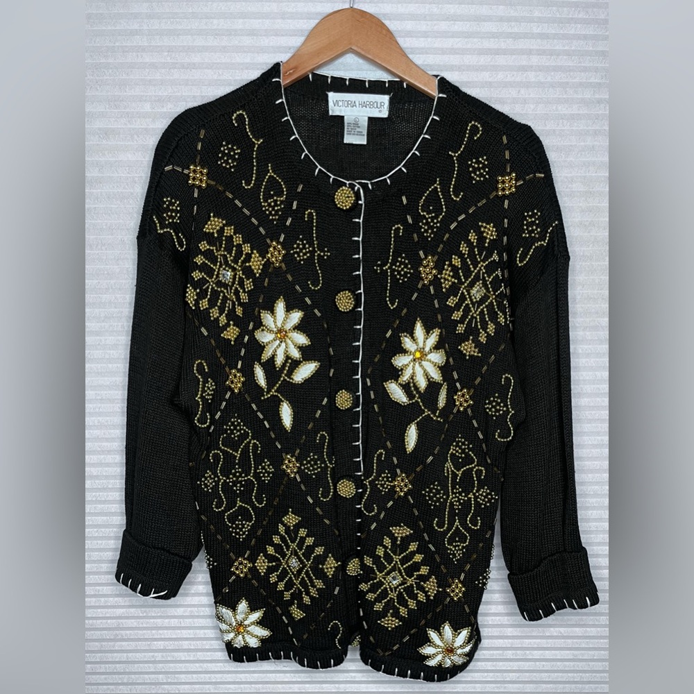 Vintage Victoria Harbour Cardigan Knit Beaded Sweater Black Gold Y2K L - Picture 13 of 13